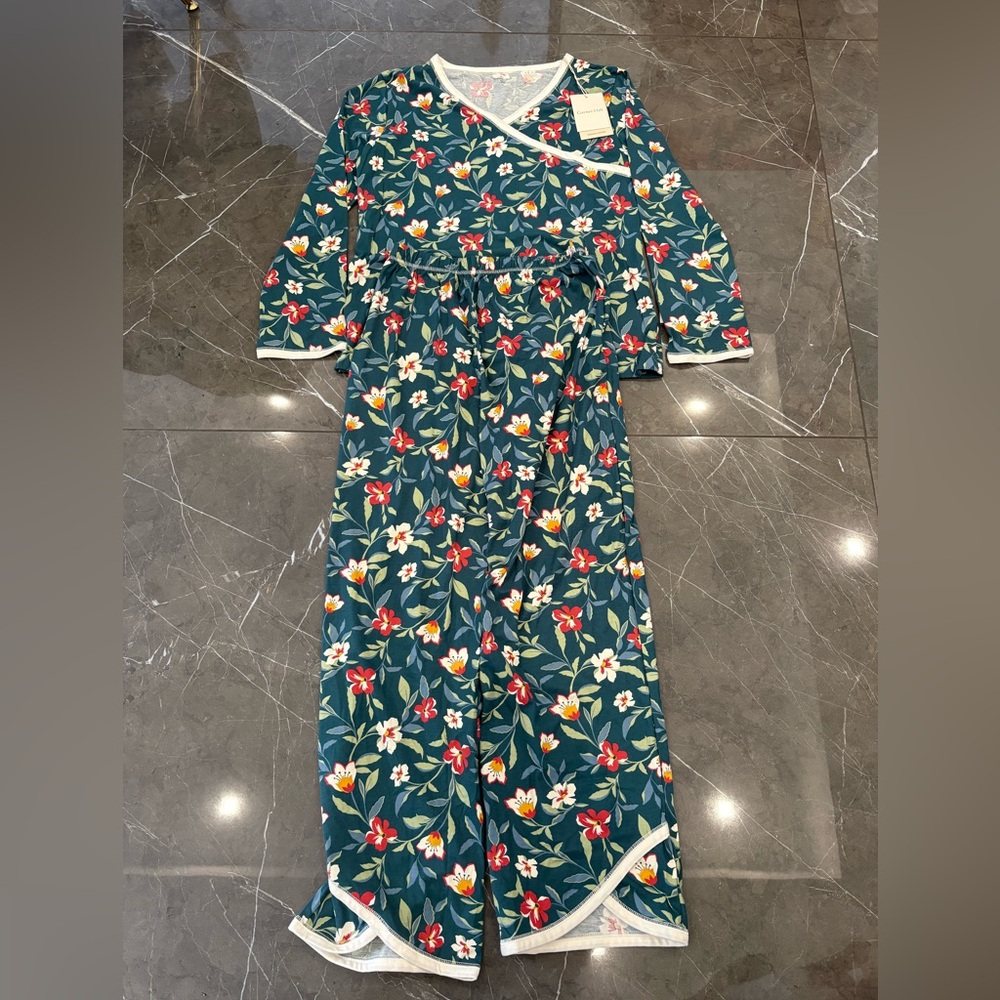 NWT Garnet Hill Floral Women's Floral Pajamas Set Green Small Organic Cotton